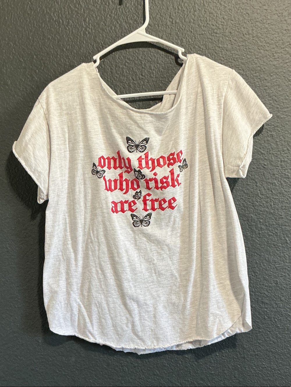 Gray Short-Sleeve Graphic Tee with Red Script and Butterfly Motif